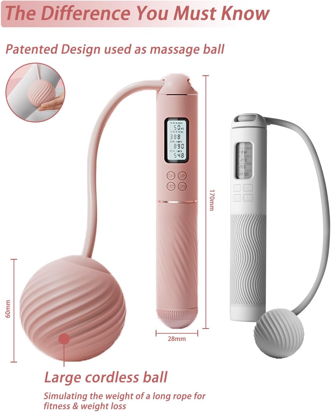 YOTTOY Skipping Ropes for Adults -Cordless Counter Jump Rope with Large Cordless Ball-Weighted Jump Rope for Women with LCD Display
