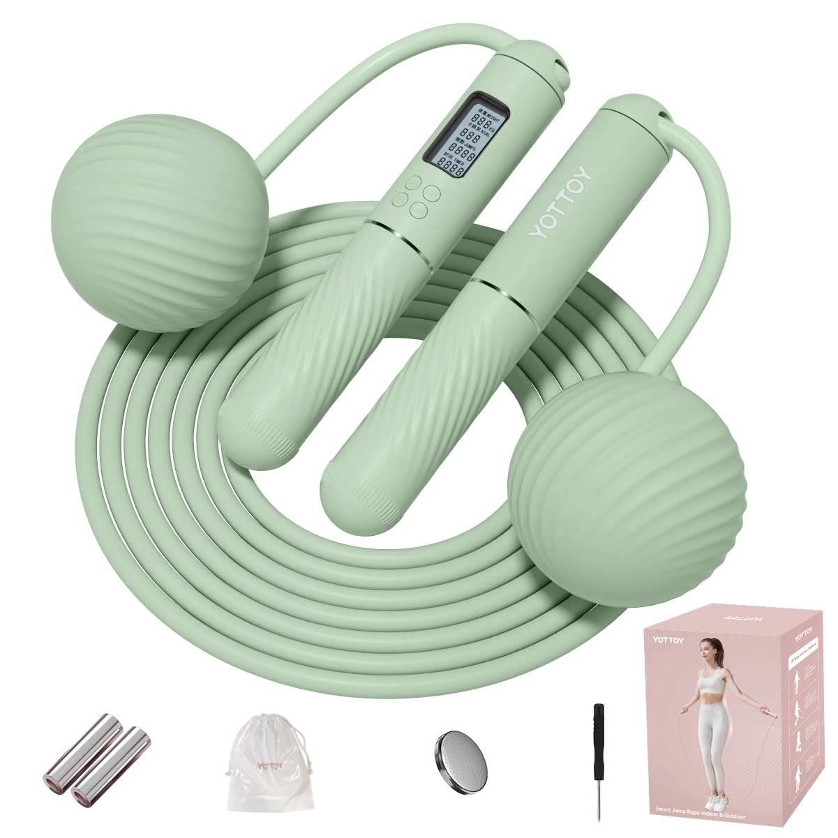 YOTTOY Skipping Ropes for Adults -Cordless Counter Jump Rope with Large Cordless Ball-Weighted Jump Rope for Women with LCD Display