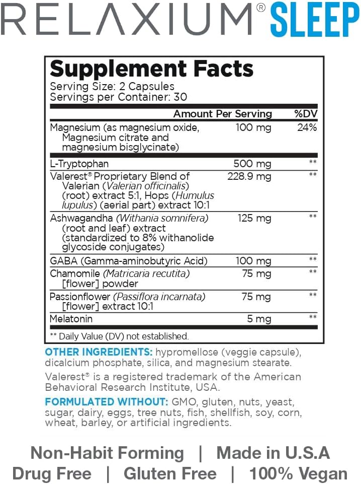 Relaxium Sleep Aid for Adults, Melatonin 5mg with Magnesium Glycinate, Sleep-Promoting Valerest & Ashwagandha, Non-Habit Forming Sleep Supplement, 60 Capsules, 30-Day Supply