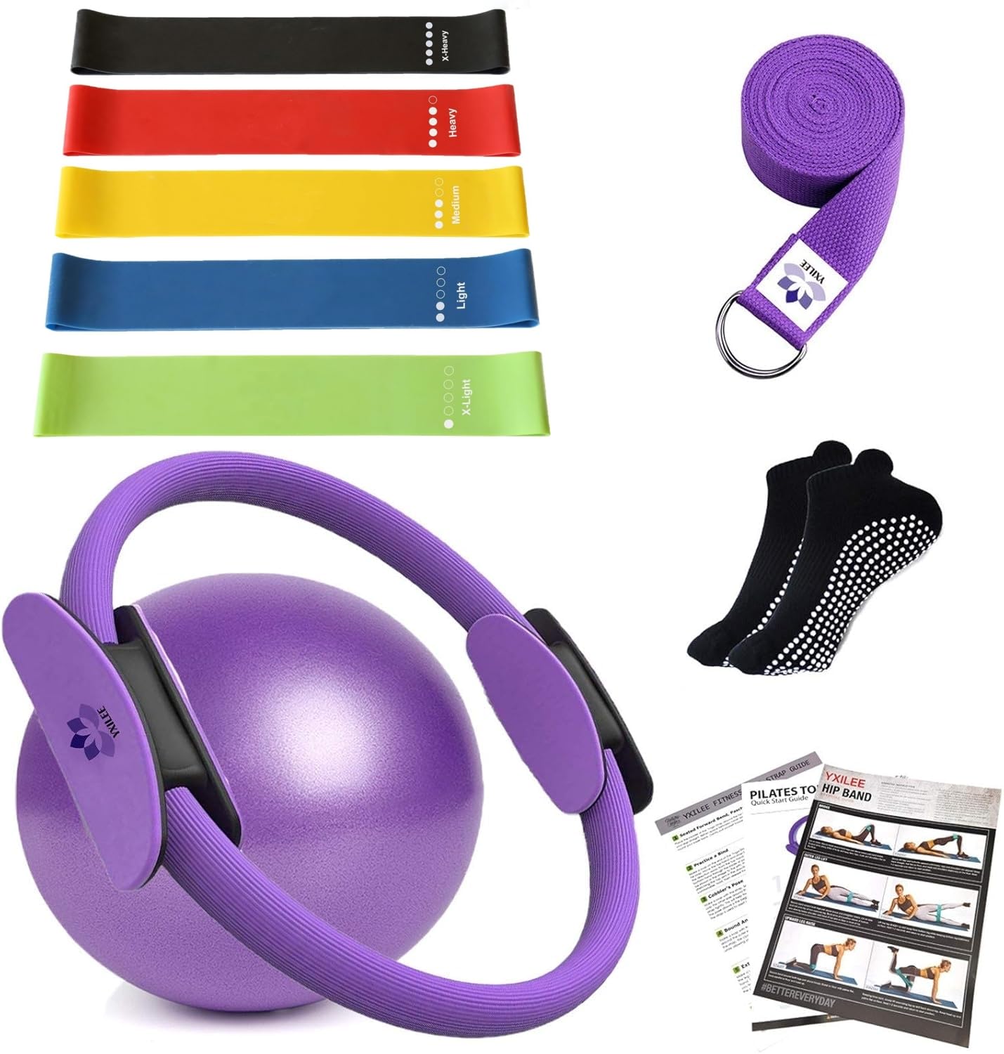 YXILEE Pilates Ring Circle Set - Workout at Home Workout Equipment Women - Booty Bands Stretching Equipment Pilates Mini Exercise Ball for Legs Arms and Thighs