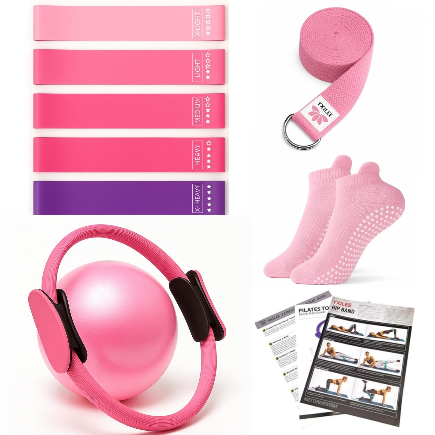 YXILEE Pilates Ring Circle Set - Workout at Home Workout Equipment Women - Booty Bands Stretching Equipment Pilates Mini Exercise Ball for Legs Arms and Thighs