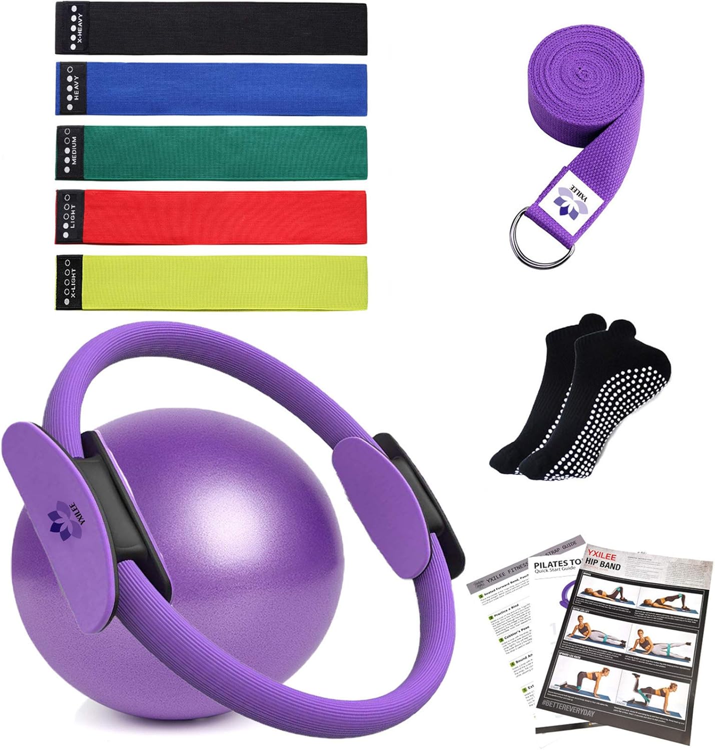 YXILEE Pilates Ring Circle Set - Workout at Home Workout Equipment Women - Booty Bands Stretching Equipment Pilates Mini Exercise Ball for Legs Arms and Thighs