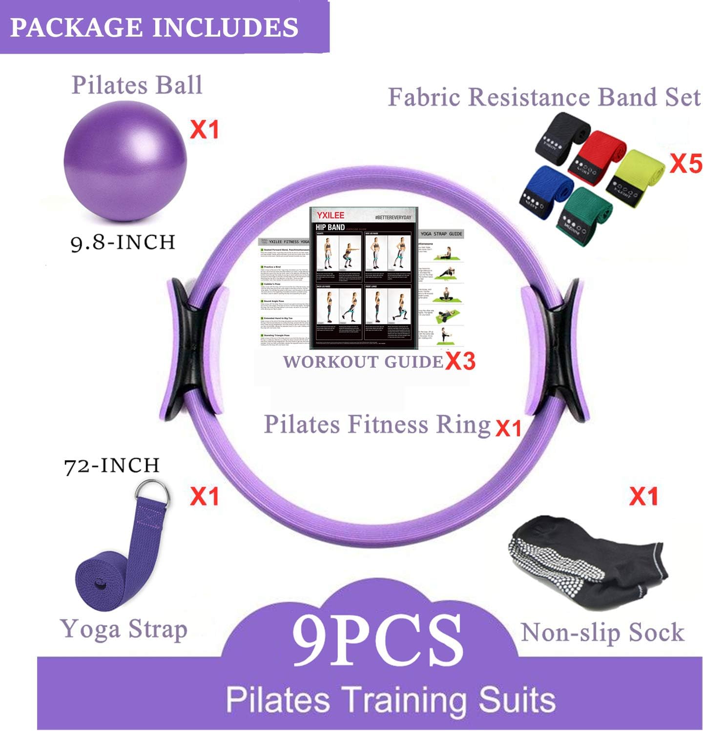 YXILEE Pilates Ring Circle Set - Workout at Home Workout Equipment Women - Booty Bands Stretching Equipment Pilates Mini Exercise Ball for Legs Arms and Thighs