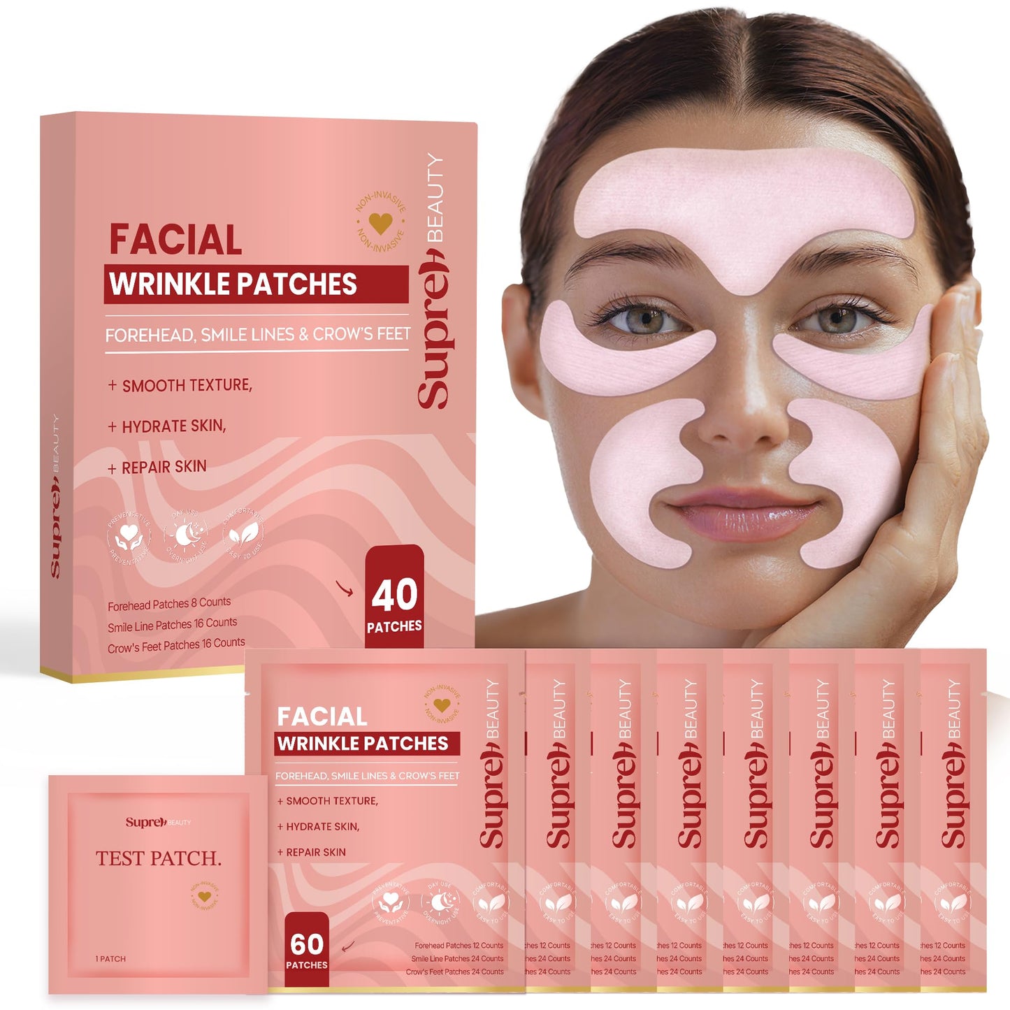 Facial Wrinkle Patches for Anti-Wrinkle: Smile Line Patches Under Eye and Forehead 3 in 1 Set - Overnight Easy Stay with Peptide Collagen 60 PCS