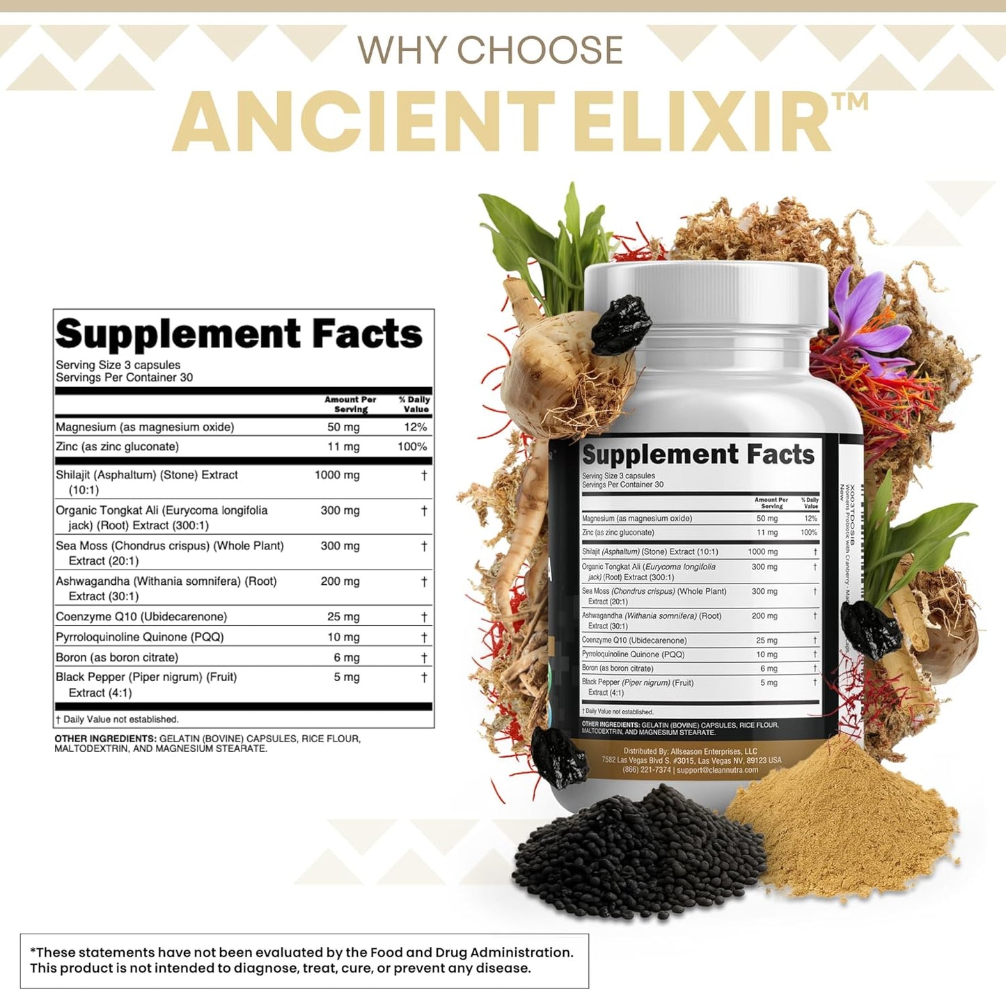 Clean Nutraceuticals Shilajit Supplement for Men with Sea Moss, Tongkat Ali, Ashwagandha, Boron, Zinc, CoQ10, PQQ - Fulvic Acid Capsules - Energy Support - 90 Count - Resin, Gummy & Powder Alternative