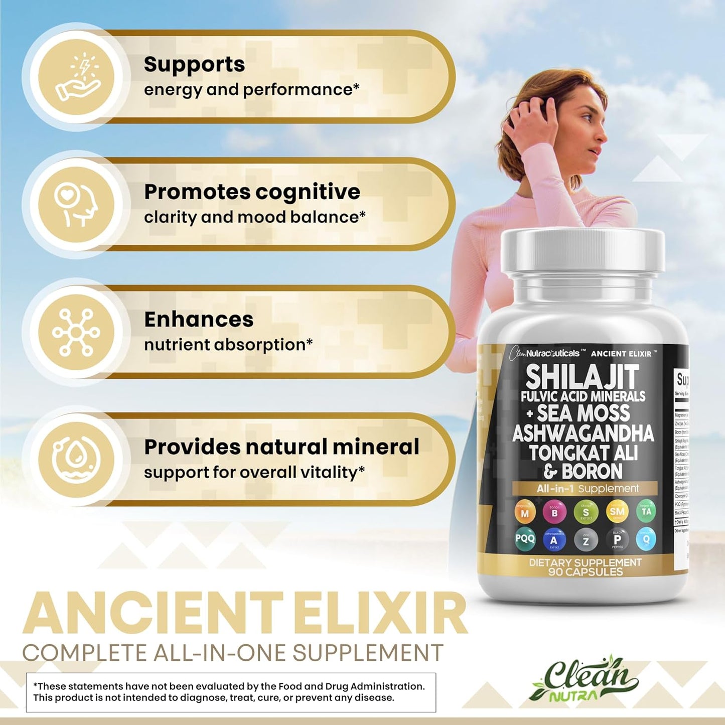 Clean Nutraceuticals Shilajit Supplement for Men with Sea Moss, Tongkat Ali, Ashwagandha, Boron, Zinc, CoQ10, PQQ - Fulvic Acid Capsules - Energy Support - 90 Count - Resin, Gummy & Powder Alternative