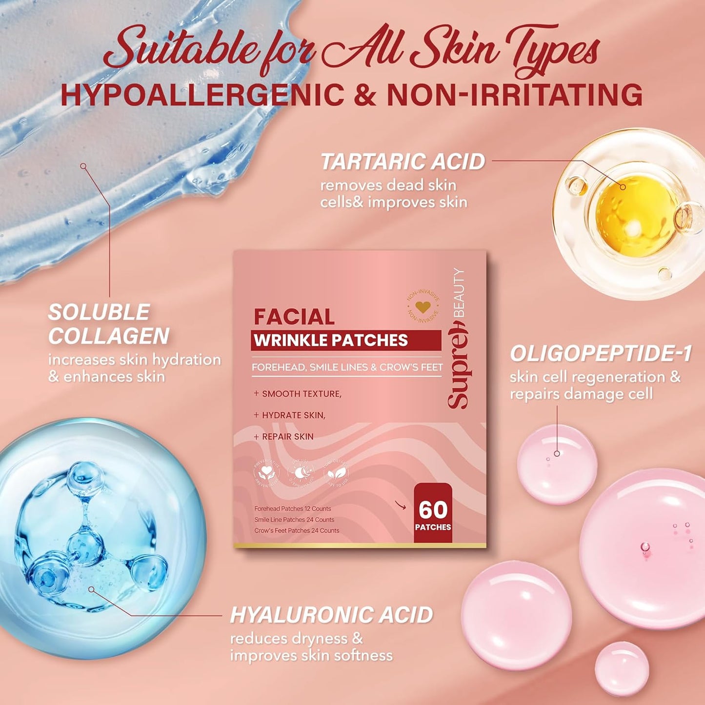 Facial Wrinkle Patches for Anti-Wrinkle: Smile Line Patches Under Eye and Forehead 3 in 1 Set - Overnight Easy Stay with Peptide Collagen 60 PCS