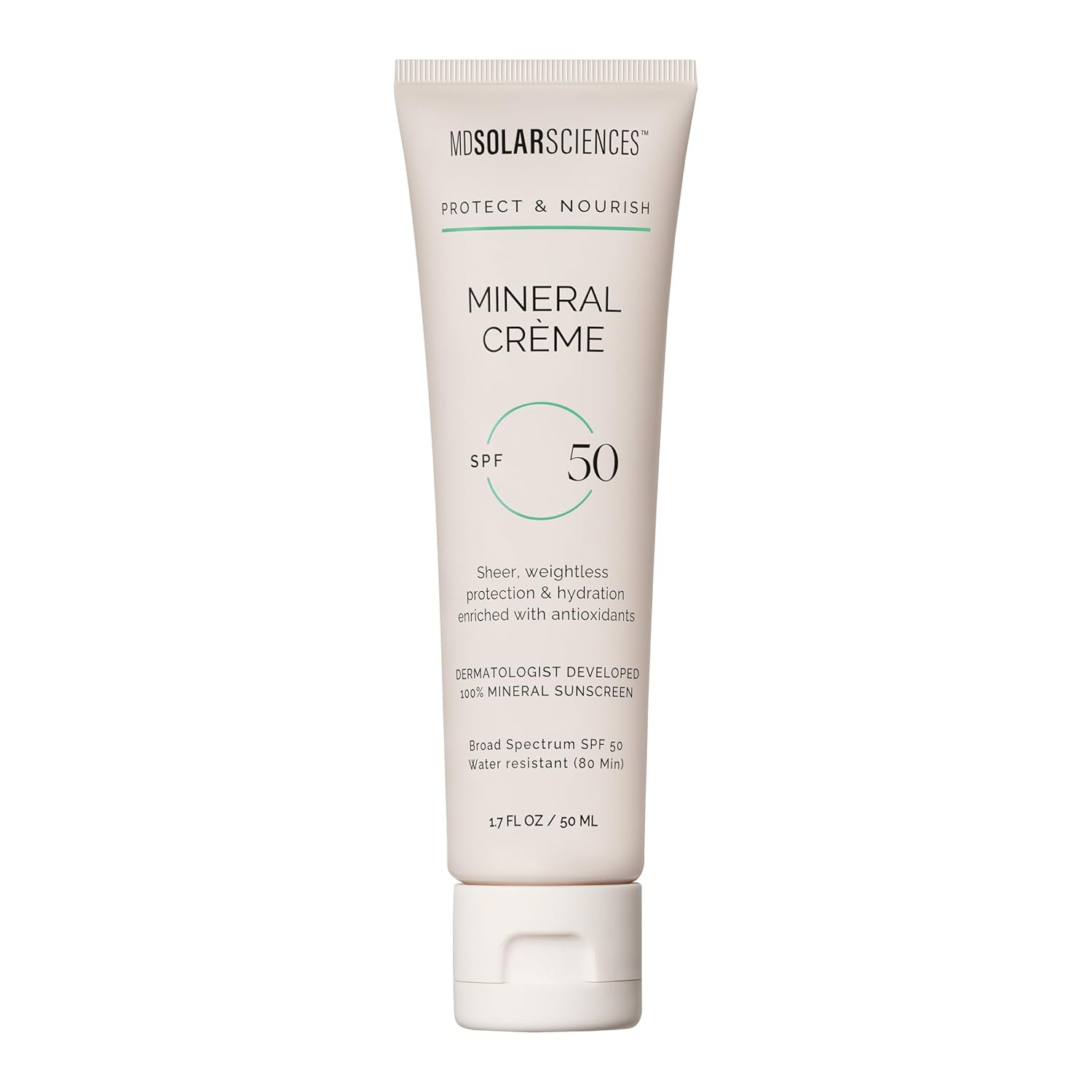 MDSolarSciences Mineral Crème Sunscreen SPF 50 | Water-Resistant, Broad Spectrum UV Protection | Zinc Oxide Formula with Antioxidants | No White Cast, Sheer Matte Finish for All Skin Types (1.7 Fl Oz)