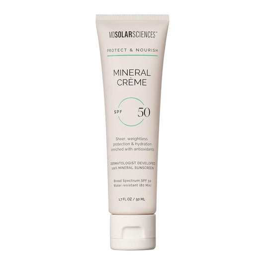 MDSolarSciences Mineral Crème Sunscreen SPF 50 | Water-Resistant, Broad Spectrum UV Protection | Zinc Oxide Formula with Antioxidants | No White Cast, Sheer Matte Finish for All Skin Types (1.7 Fl Oz)