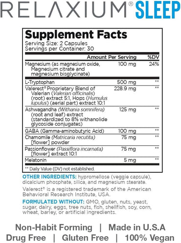 Relaxium Sleep Aid for Adults, Melatonin 5mg with Magnesium Glycinate, Sleep-Promoting Valerest & Ashwagandha, Non-Habit Forming Sleep Supplement, 60 Capsules, 30-Day Supply