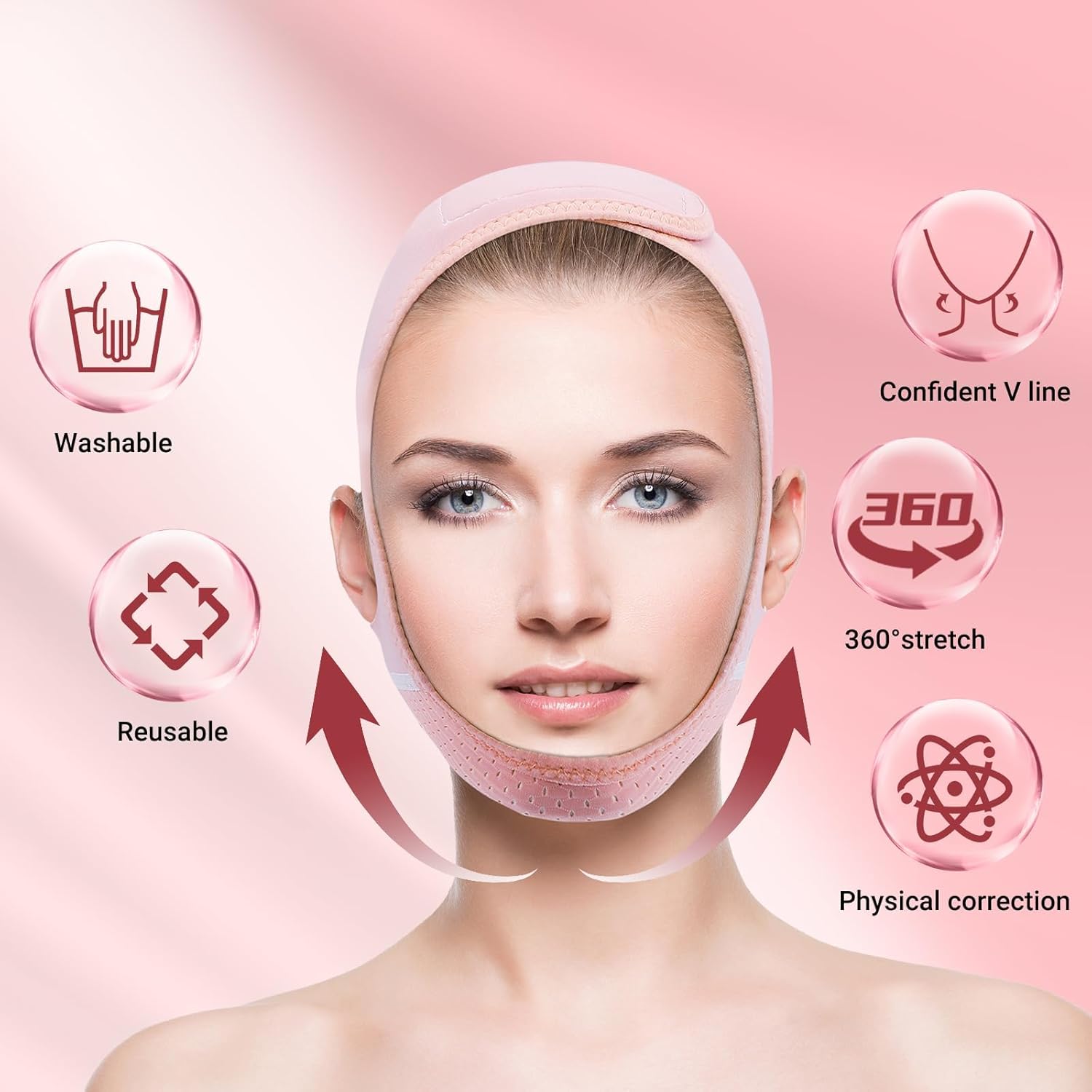 Reusable V Line Lifting Mask with Chin Strap for Sleeping,Face Lift Prevent Sagging, Jaw Exerciser,Pink,M
