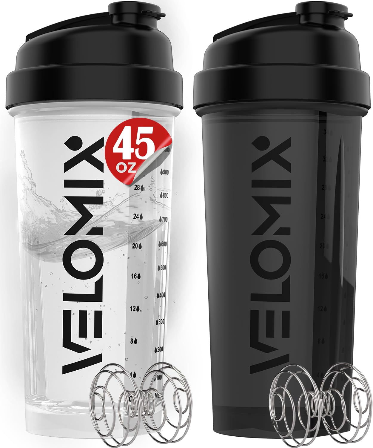 '-2 Pack- 28 oz Protein Shaker Bottles for Protein Mixes - 2x Wire Whisk | Leak Proof Shaker Cups for Protein Shakes | Protein Shaker Bottle Pack | Shakers for Protein Shakes-Black&Transparent