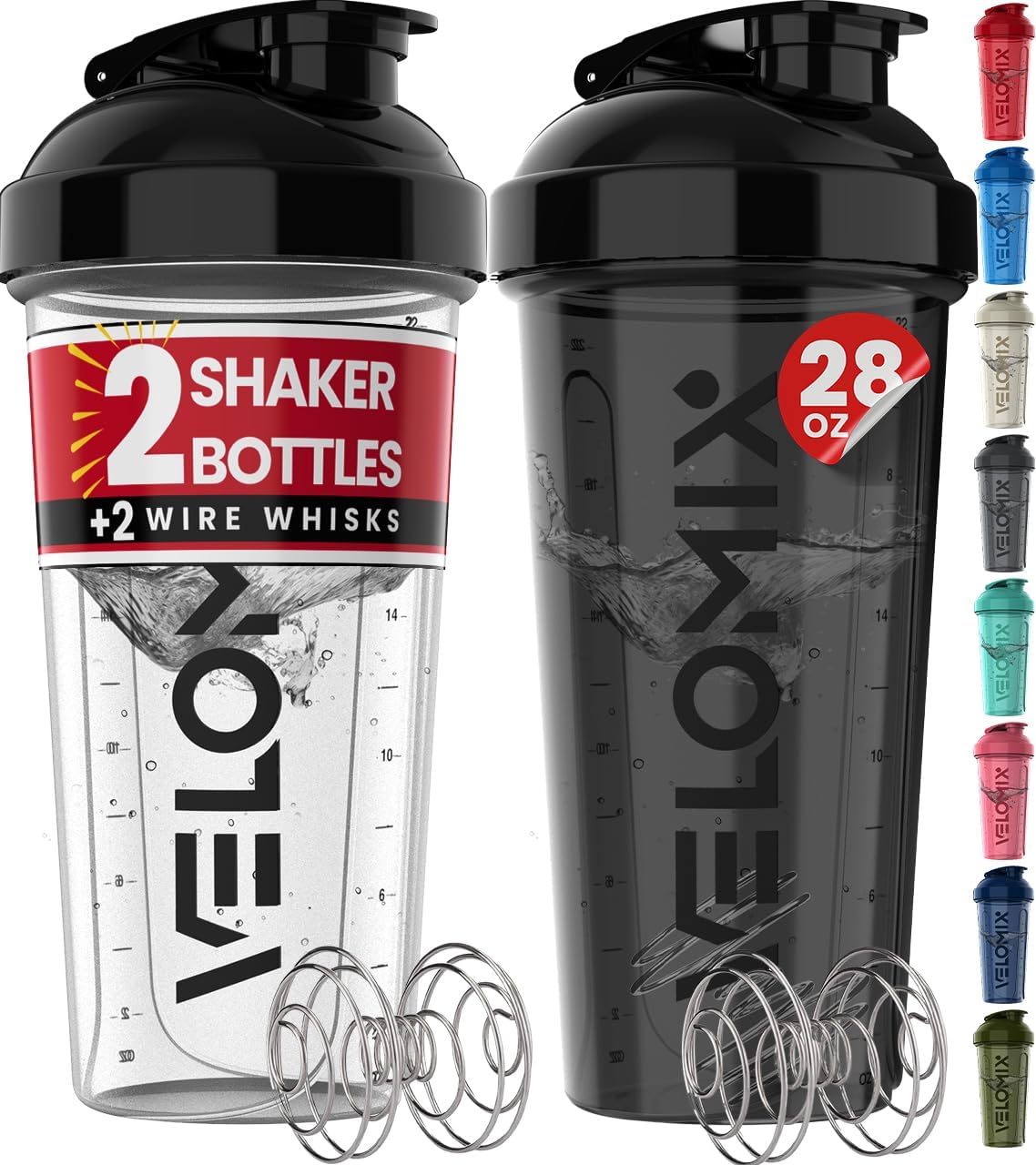 '-2 Pack- 28 oz Protein Shaker Bottles for Protein Mixes - 2x Wire Whisk | Leak Proof Shaker Cups for Protein Shakes | Protein Shaker Bottle Pack | Shakers for Protein Shakes-Black&Transparent
