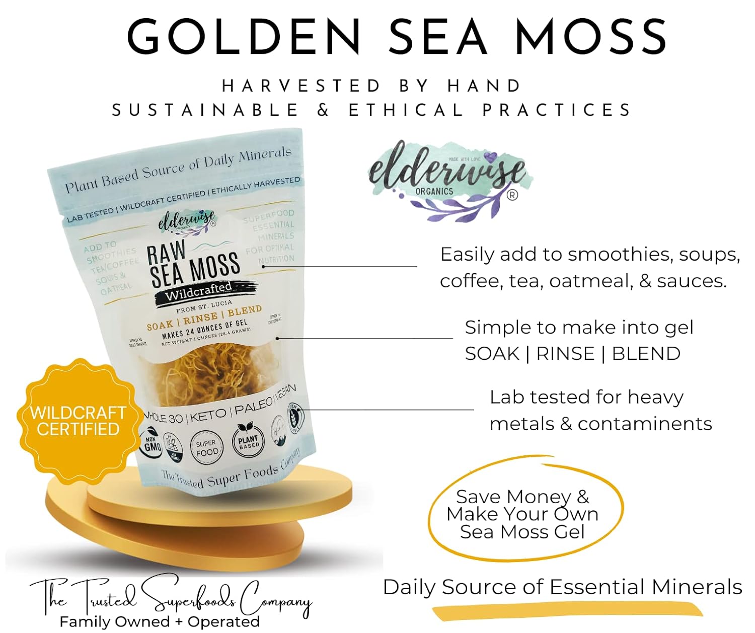 Elderwise Raw Sea Moss | Organic Seamoss Makes 20oz of Gel | Wildcrafted Golden Sea moss | Raw & Non GMO Certified | Sundried | Mineral and Vitamin Rich | Golden