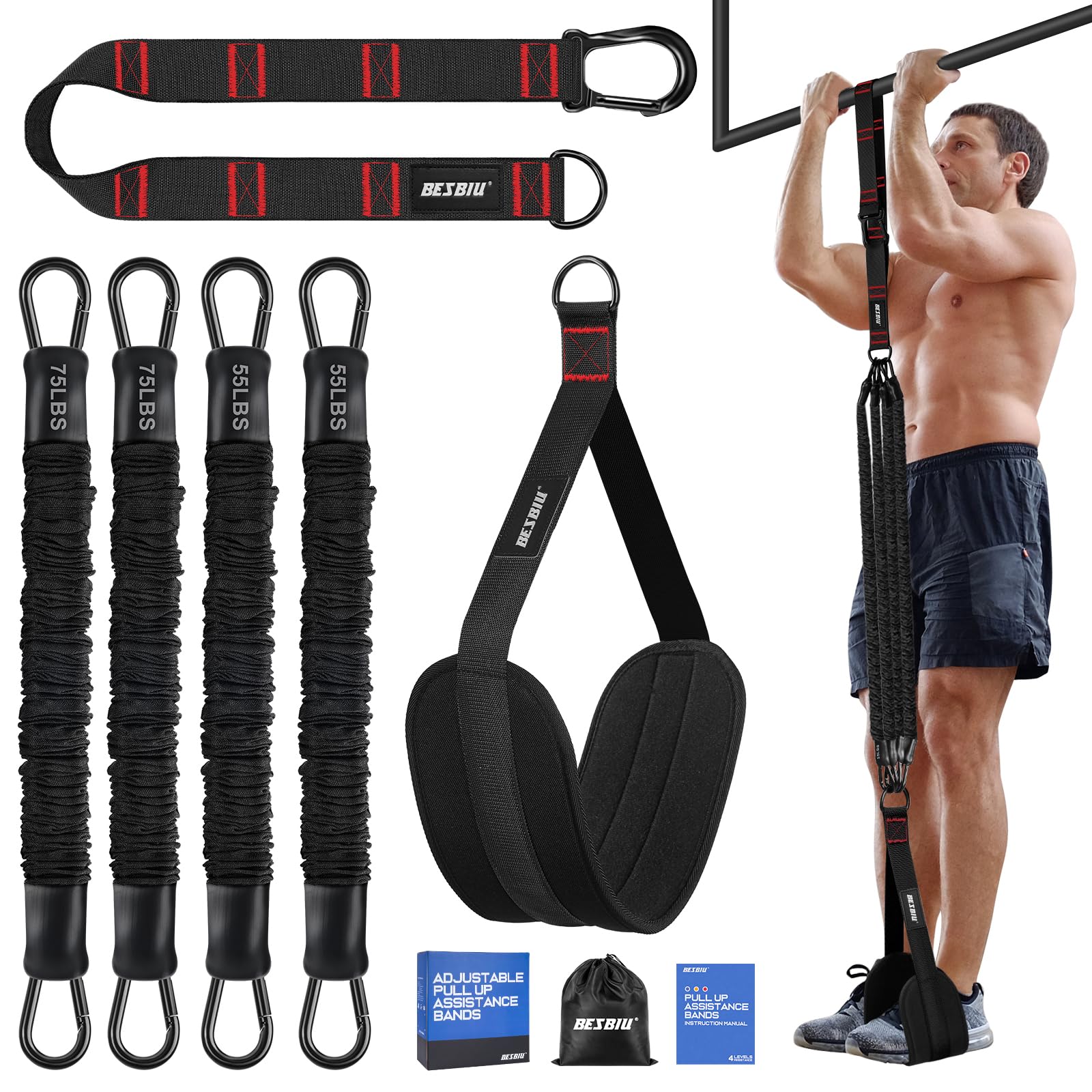 Pull Up Assistance Bands 260lbs, Heavy Pull Up Bands Resistance Bands for Pull Ups Working Out with Feet Rest, Pull Up Bar Bands Assistance Bands Strength Training Workout Equipment, Height Adjustable