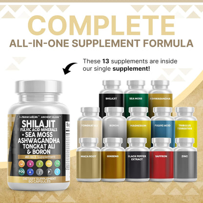 Clean Nutraceuticals Shilajit Supplement for Men with Sea Moss, Tongkat Ali, Ashwagandha, Boron, Zinc, CoQ10, PQQ - Fulvic Acid Capsules - Energy Support - 90 Count - Resin, Gummy & Powder Alternative