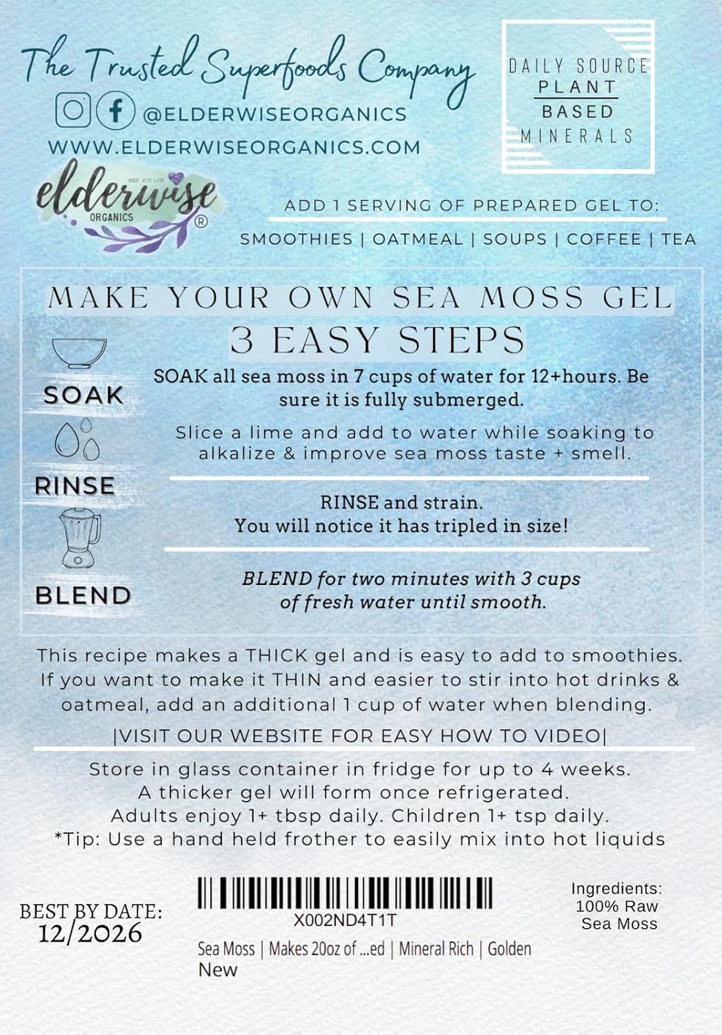 Elderwise Raw Sea Moss | Organic Seamoss Makes 20oz of Gel | Wildcrafted Golden Sea moss | Raw & Non GMO Certified | Sundried | Mineral and Vitamin Rich | Golden