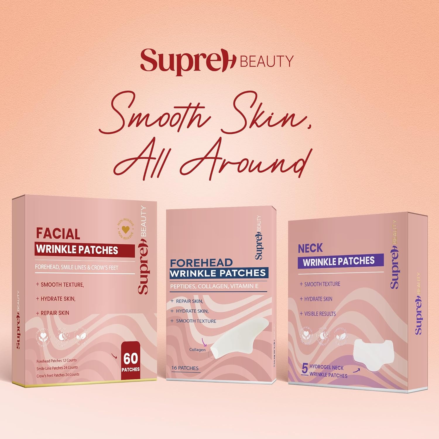 Facial Wrinkle Patches for Anti-Wrinkle: Smile Line Patches Under Eye and Forehead 3 in 1 Set - Overnight Easy Stay with Peptide Collagen 60 PCS
