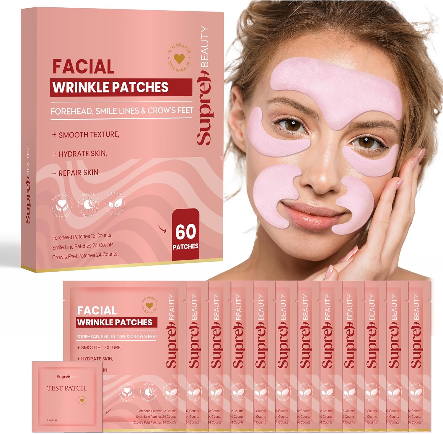 Facial Wrinkle Patches for Anti-Wrinkle: Smile Line Patches Under Eye and Forehead 3 in 1 Set - Overnight Easy Stay with Peptide Collagen 60 PCS