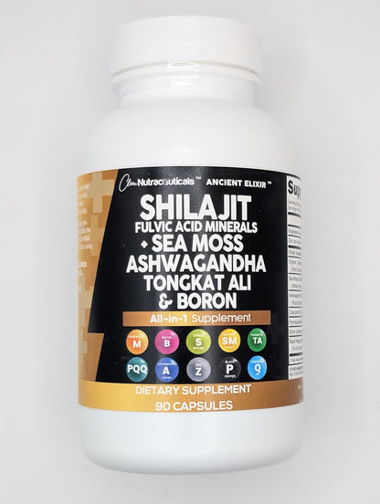 Clean Nutraceuticals Shilajit Supplement for Men with Sea Moss, Tongkat Ali, Ashwagandha, Boron, Zinc, CoQ10, PQQ - Fulvic Acid Capsules - Energy Support - 90 Count - Resin, Gummy & Powder Alternative
