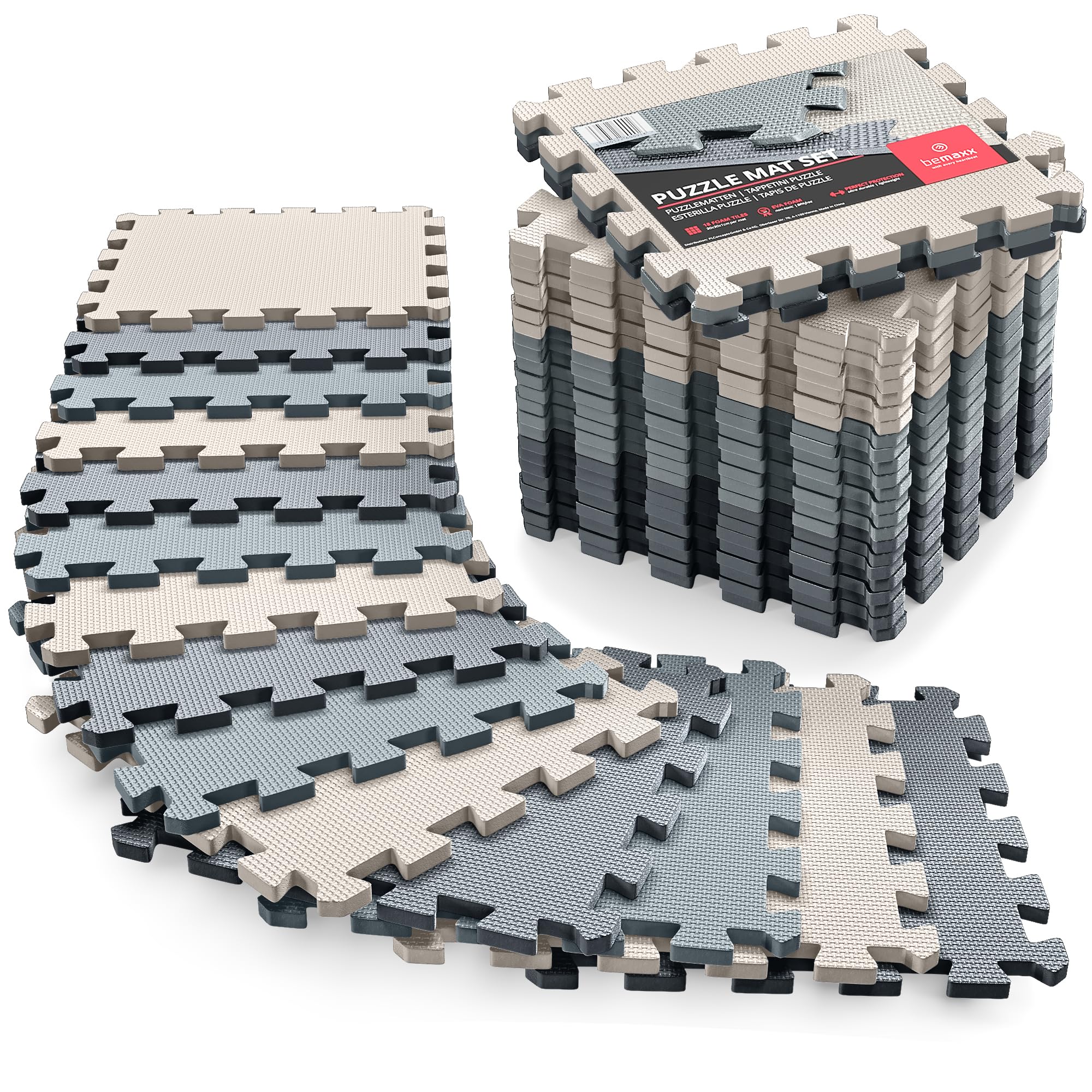 Gym Flooring Set - Interlocking EVA Soft Foam Floor Mat, 18 Pieces Puzzle Rubber Tiles Protective Ground Surface Protection, Play Workout Exercise Mats Underlay Matting Sports Pool Home Fitness Garage